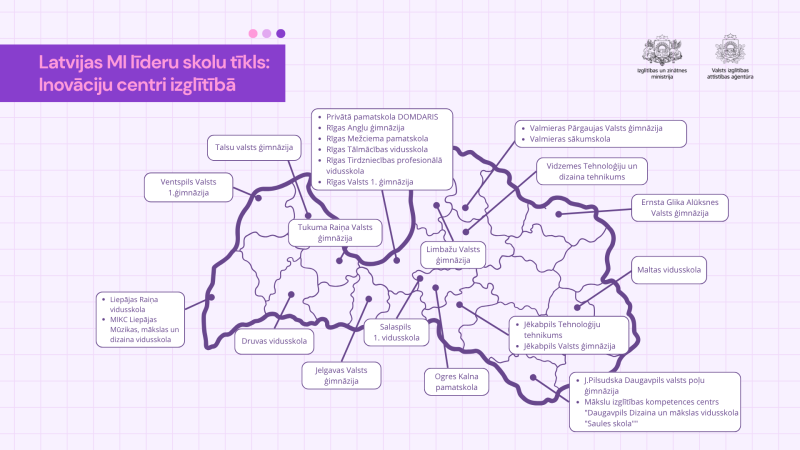 Latvijas karte ar MI līderu skolu tīklu