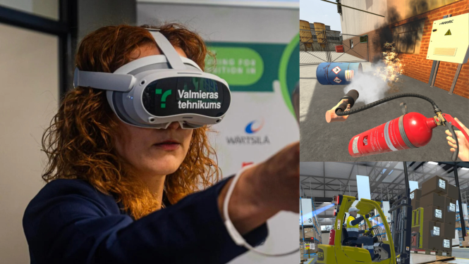 Sieviete ar uzvilktām VR brillēm, uz brillēm rakstīts "Valmieras tehnikums"