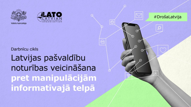 Vizuāla grafika, kurā attēlota roka, kas tur mobilo telefonu un uzraksts