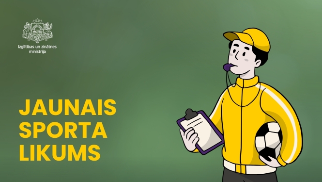 Jaunais Sporta likums, grafisks noformējums, kur treneris rokās tur futbola bumbu un pierakstus. 
