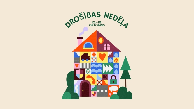 2026. gada Drošības nedēļas plakāts ar mājas simbolu, kas veidota no kvadrātveida drošības tēmu moduļiem. Tajos attēlotas dažādas drošības tēmas – pirmā palīdzība un veselība, kiberdrošība, evakuācija, ceļu drošība, ugunsdrošība, emocionālā drošība, saziņa ar vecākiem un skolu, drošība uz ūdens, rīcība vētras un elektrobojājumu gadījumā, kā arī citas drošības tēmas.