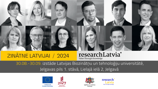 Izstādes “Zinātne Latvijai 2024” plakāts, kurā melnbaltās fotogrāfijās redzami visi 12 pētnieki un pētnieces, kas iekļauti 2024. gada zinātnes kalendārā