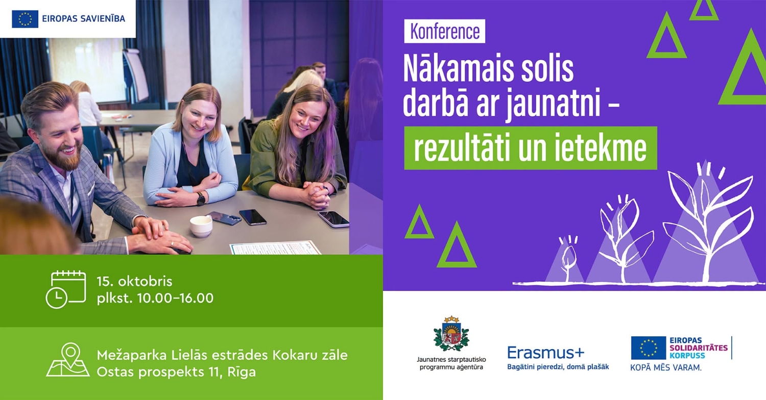 Konferences afiša "Nākamais solis darbā ar jaunatni – rezultāti un ietekme". Cilvēki sēž pie galda, priecājas par notikumu.
