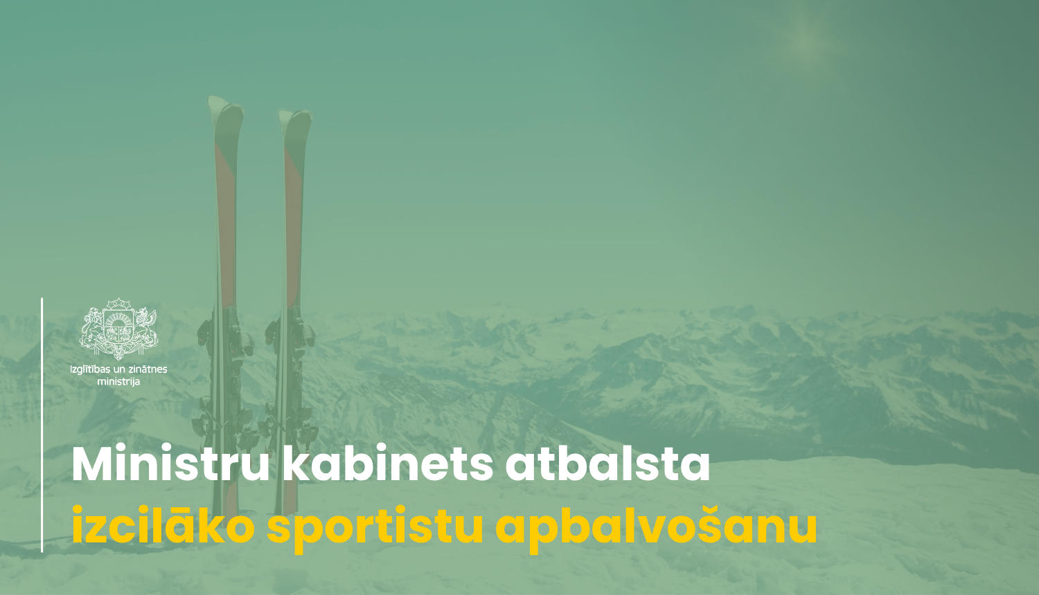 Slēpes uz kalna, naudas maisa ikona. Tekstā "Ministru kabinets atbalsta izcilāko sportistu apbalvošanu"