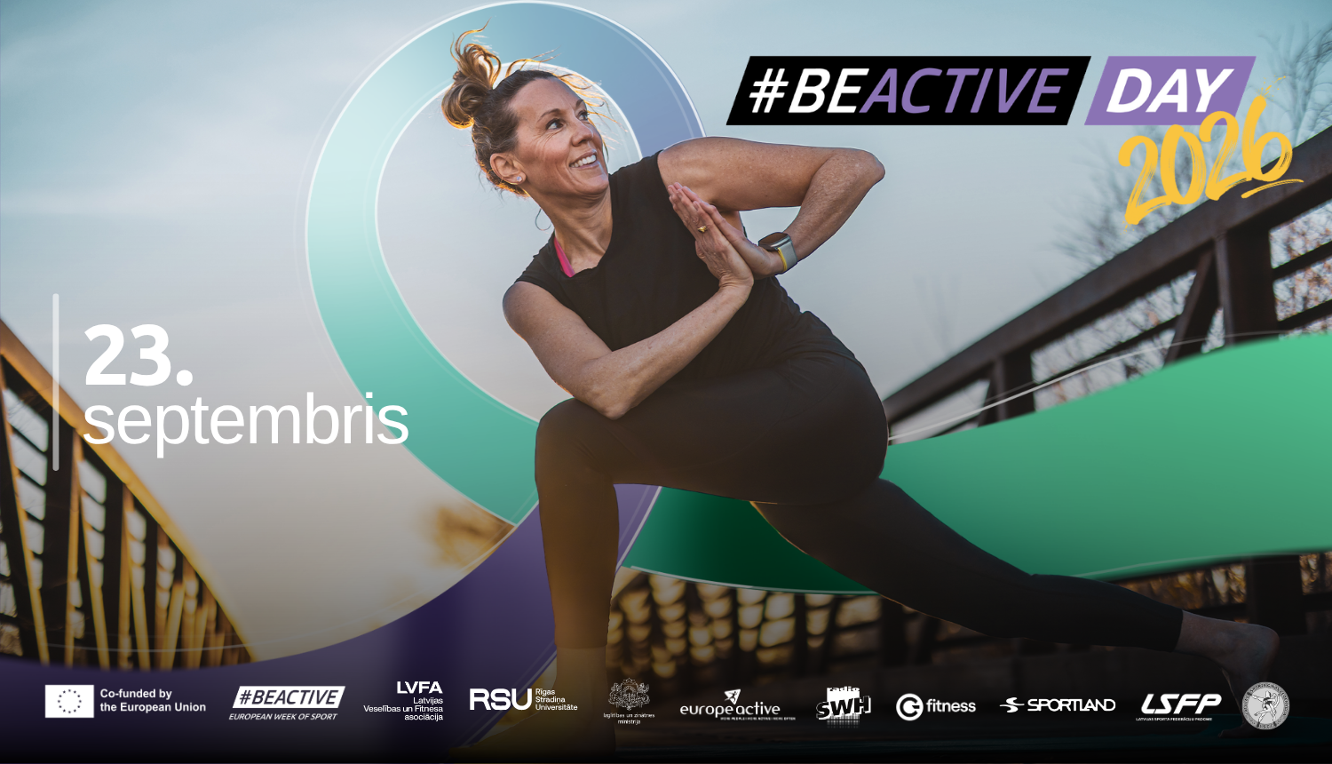 Sieviete veic vingrinājumu. Tekstā "#BeActive day 2026 23. septembris"
