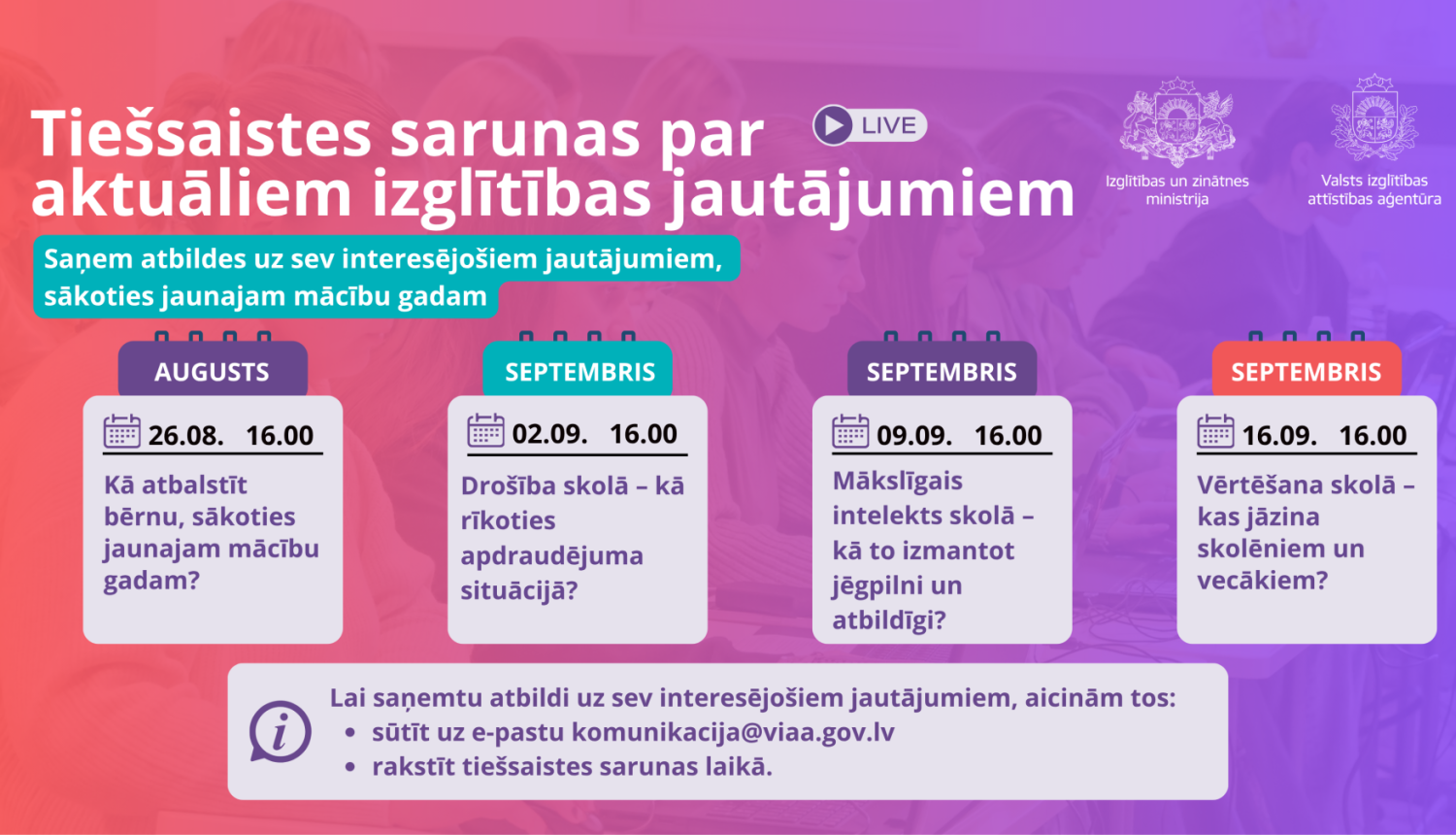 Tiešsaistu sarunu par aktuālajiem izglītības jautājumiem grafiks