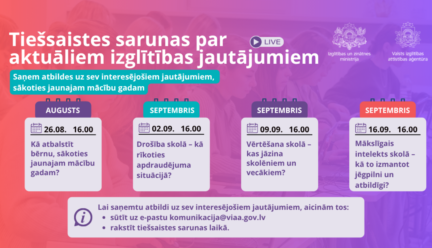 Tiešsaistu sarunu par aktuālajiem izglītības jautājumiem grafiks