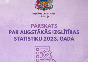 Uz violeta fona uzraksts "Latvijas augstākās izglītības statistikas pārskats par 2023. gadu" un Izglītības un zinātnes ministrijas logo 