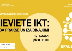 Uz dzeltena fona melniem burtiem uzraksts, par konferenci "Sieviete IKT"
