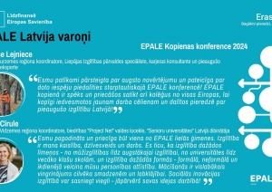 Uz gaiši zila fona divas cilvēku fotogrāfijas un šo cilvēku citāti blakus baltiem burtiem