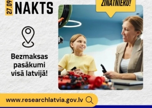 Zinātnieku nakts plakāts, kurā redzama sieviete un meitene, kas sarunājas