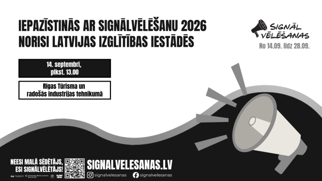 Vizuālis ar pamatinformāciju par preses konferenci, kurā iepazīstinās ar Signālvēlēšanu 2026 norisi Latvijas izglītības iestādēs