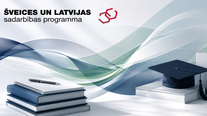 Šveices un Latvijas sadarbības programma. Fonā grāmatas un absolventa cepure