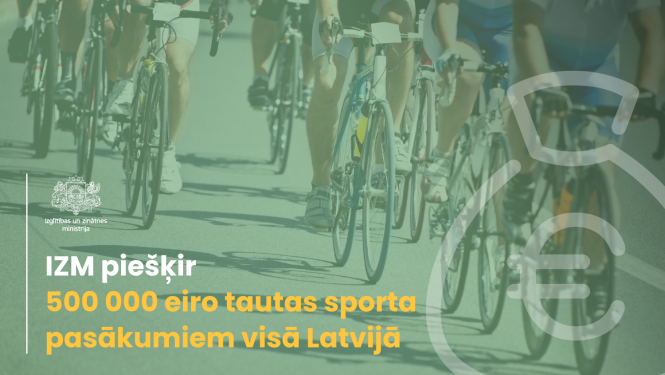 Fonā riteņbraucēju maratons un eiro ikona. Tekstā - IZM piešķir 500 000 eiro tautas sporta pasākumiem visā Latvijā