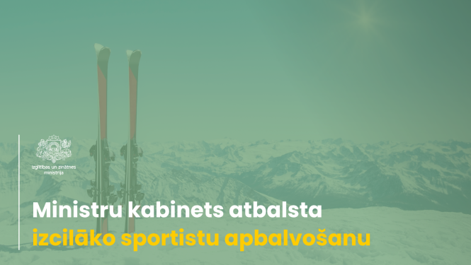 Slēpes uz kalna, naudas maisa ikona. Tekstā "Ministru kabinets atbalsta izcilāko sportistu apbalvošanu"