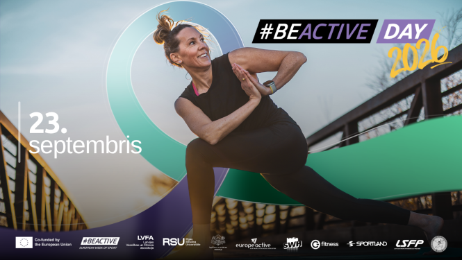 Sieviete veic vingrinājumu. Tekstā "#BeActive day 2026 23. septembris"