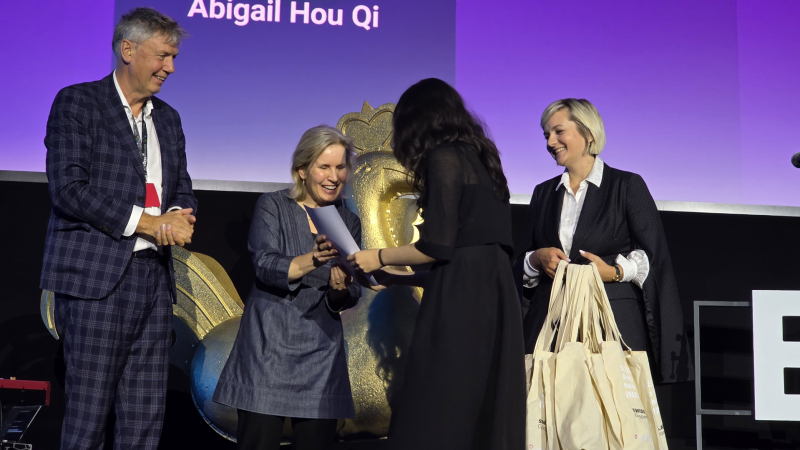 "The Ambassador of Switzerland to Latvia, Anja Zobrist Rentenaar, together with Lauma Muižniece, Director of the Latvian Council of Science, presenting the Switzerland–Latvia Cooperation Programme Award."