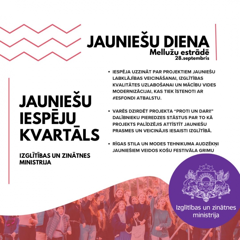 Jūrmalas jauniešu dienas aktivitātes "Jauniešu iespēju kvartāls" plakāts, kurā uzskaitītas IZM aktivitātes