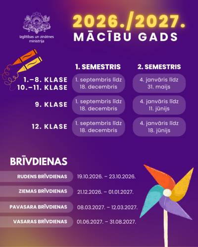 2026./2027. mācību gada sākuma, beigu un brīvdienu laiki