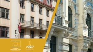 Fonā ēka, pa virsu ERAF logo ansamblis