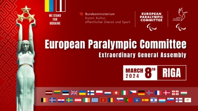 Eiropas Paralimpisākās komitejas Ģenerālās asamblejas tikšanās plakāts ar uzrakstu, Brīvības pieminekli un visu valstu karogiem
