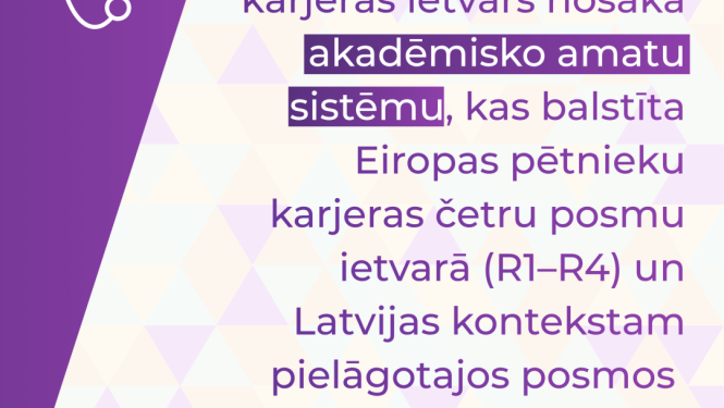 Jaunais akadēmiskās karjeras ietvars nosaka akadēmisko amatu sistēmu, kas balstīta Eiropas pētnieku karjeras četru posmu ietvarā (R1–R4) un Latvijas kontekstam pielāgotajos posmos P1–P4.