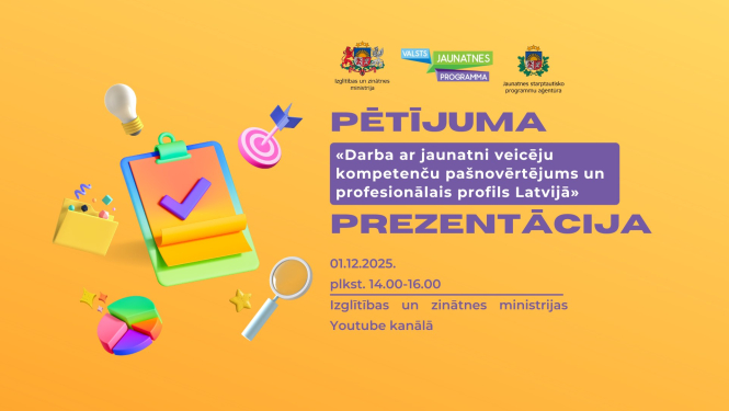 Pētījuma "Darba ar jaunatni veicēju kompetenču pašnovērtējums un profesionālais profils Latvijā"prezentācija 1. decembrī