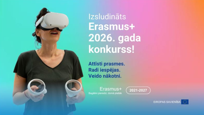 Izsludināts Erasmus+ 2026. gada konkurss. Fonā redzama sieviete ar VR brillēm