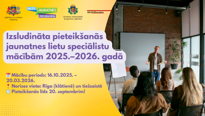 Izsludināta pieteikšanās jaunatnes lietu speciālistu mācībām 2025.–2026. gadā