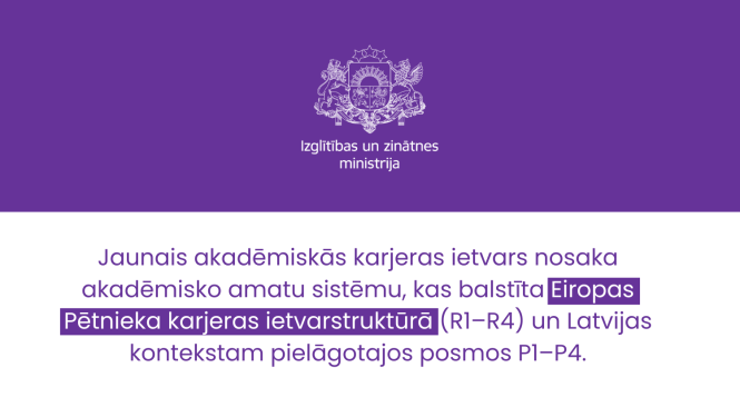 Jaunais akadēmiskās karjeras ietvars nosaka akadēmisko amatu sistēmu, kas balstīta Eiropas Pētnieka karjeras ietvarstruktūrā (R1–R4) un Latvijas kontekstam pielāgotajos posmos P1–P4.