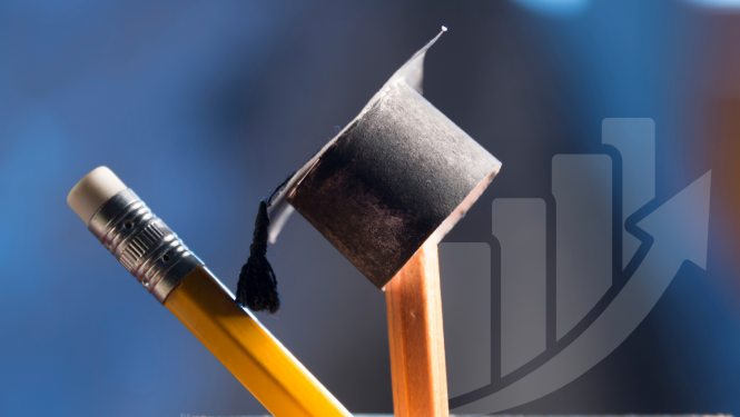 Absolventa cepurīte uz zīmuļa, fonā augošs grafiks