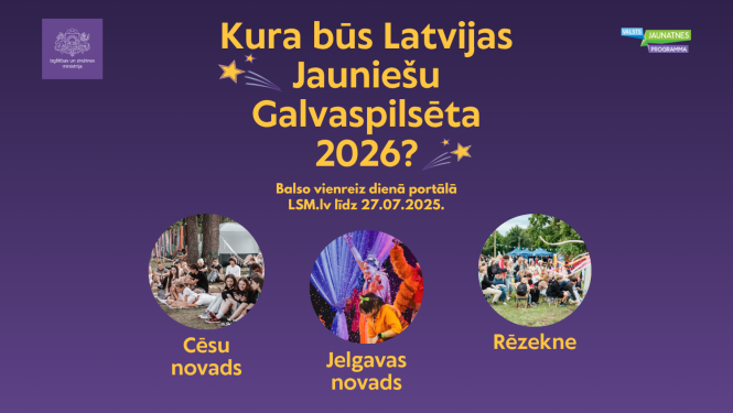 Teksts "Kura būs Latvijas Jauniešu Galvaspilsēta 2026?"