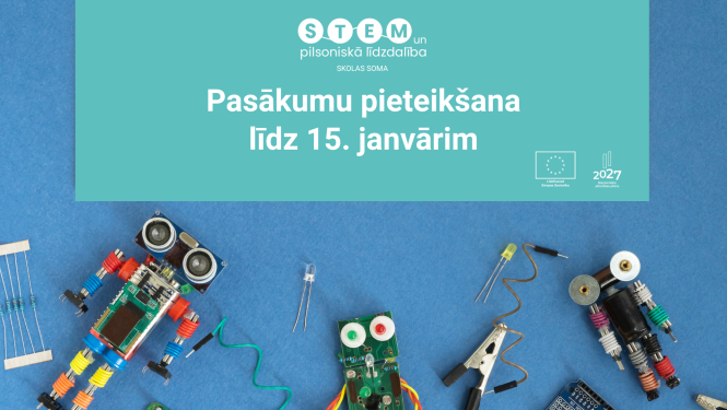 Uz galda stāv roboti. Tekstā "Pasākumu pieteikšana līdz 15. janvārim"