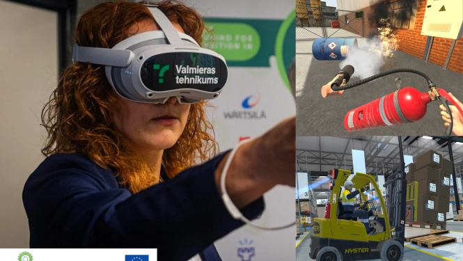 Sieviete ar uzvilktām VR brillēm, uz brillēm rakstīts "Valmieras tehnikums"