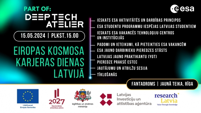 Deep tech Atelier plakāts ar uzrakstu "Eiropas Kosmosa karjeras dienas Latvijā"