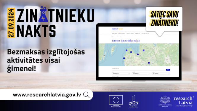 Plakāts, kurā redzams nosaukums "Zinātnieku nakts", uzraksts "Bezmakasas izglītojošas aktivitātes visai ģimenei", kā arī planšete, kurā redzama karte ar atzīmētām pasākuma vietām