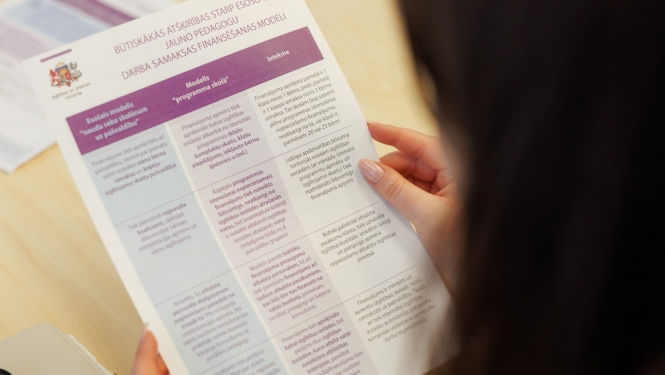 Sieviete tur rokās lapu ar finansēšanas modeļa "Programma skolā" galveno atšķirību uzskaitījumu