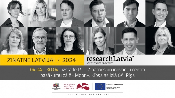 Zinātne Latvijai izstādes plakāts ar 12 pētnieku fotogrāfijām