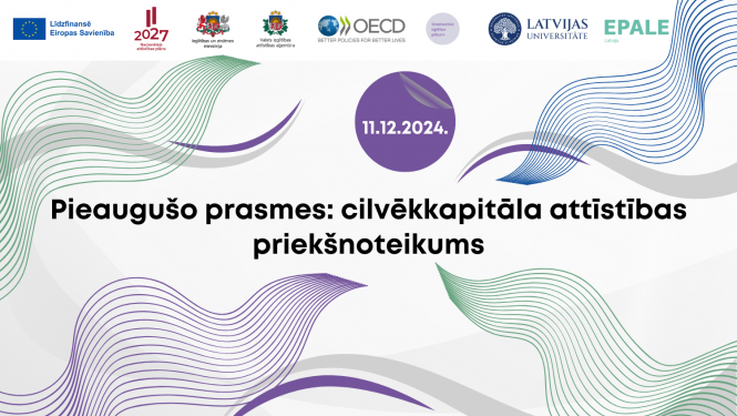 Plakāts, kurā redzams konferences nosaukums "Pieaugušo prasmes: cilvēkkapitāla attīstības priekšnoteikums"
