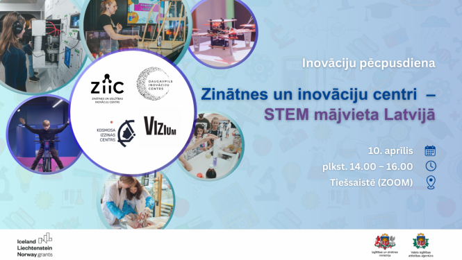 Tiešsaistes inovāciju pēcpusdienas par zinātnes un inovāciju centru piedāvājumu STEM jomā plakāts - inovāciju centru logotipi un ilustratīvi attēli