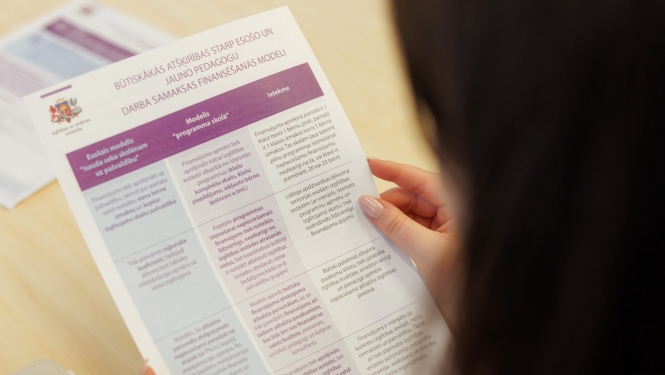 Sieviete tur rokās aprakstu par darba samaksas finansēšanas modeli