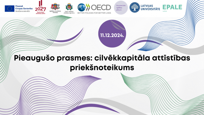 Plakāts, kurā redzams konferences nosaukums "Pieaugušo prasmes: cilvēkkapitāla attīstības priekšnoteikums"