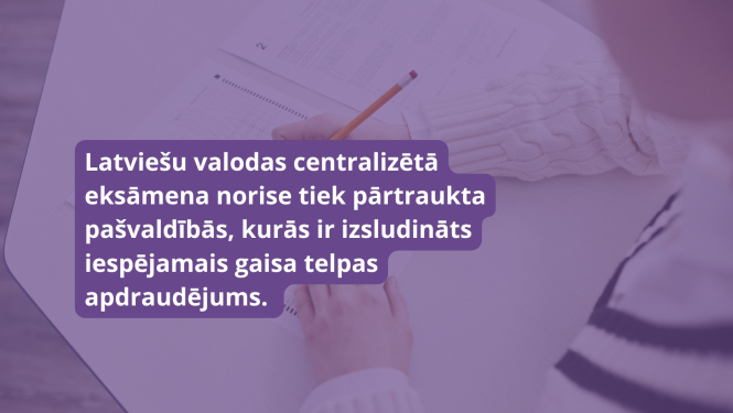 latviešu valodas centralizētā eksāmena norise tiek pārtraukta pašvaldībās, kurās ir izsludināts iespējamās gaisa telpas apdraudējums.