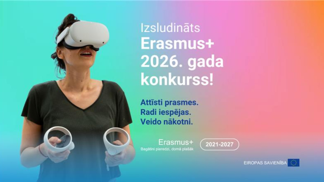 Izsludināts Erasmus+ 2026. gada konkurss. Fonā redzama sieviete ar VR brillēm
