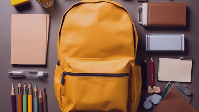 Uz galda stāv skolēna mugursoma, tai apkārt novietotas dažādas kancelejas preces.