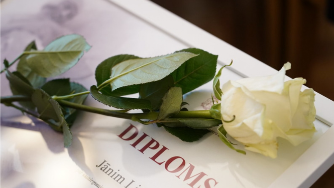Uz diploma uzlikta balta roze