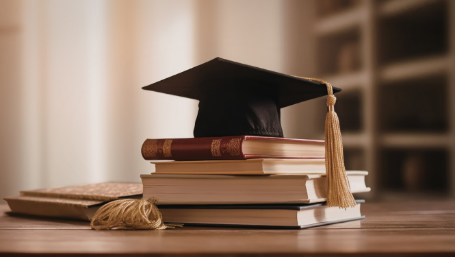 uz galda stāv grāmatas un absolventa cepurīte