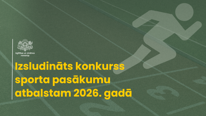 Fonā stadiona laukums, cilvēka emblēma, kas skrien. Tekstā "Izsludināts konkurss sporta pasākumu atbalstam 2026. gadā"
