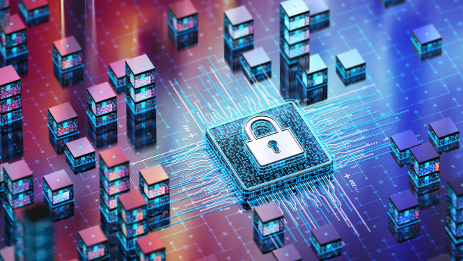 Ilustratīvs attēls ar mātesplati un slēdzeni, kas apzīmē kiberdrošību