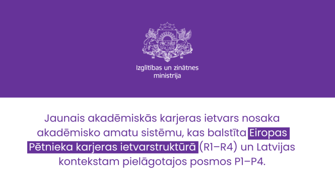 Jaunais akadēmiskās karjeras ietvars nosaka akadēmisko amatu sistēmu, kas balstīta Eiropas Pētnieka karjeras ietvarstruktūrā (R1–R4) un Latvijas kontekstam pielāgotajos posmos P1–P4.
